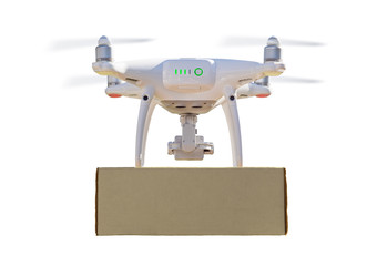 Back View of Unmanned Aircraft System (UAS) Quadcopter Drone Carrying Blank Package On White