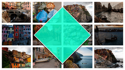 Collage photos of Cinque Terre, Italy, in 16: 9 format. Manarola, a beautiful seaside town and fishermen, a popular tourist destination for beach holidays and monitoring in unspoiled nature.