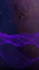 Abstract ultraviolet landscape on a dark background. Purple cyberspace grid. hi tech network. Outer space. Violet starry outer space texture. Vertical image orientation. 3D illustration