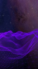Abstract ultraviolet landscape on a dark background. Purple cyberspace grid. hi tech network. Outer space. Violet starry outer space texture. Vertical image orientation. 3D illustration