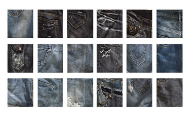 Different denim fabric samples isolated on white background.  Close-up collection of jeans textures.