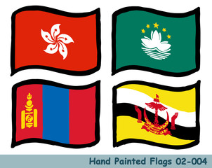 手描きの旗アイコン,香港の旗,マカオの旗,モンゴルの国旗,ブルネイの国旗 Flag of the Hong Kong, Macao, Mongolia, Brunei, hand drawn isolated vector icon.