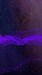 Abstract ultraviolet landscape on a dark background. Purple cyberspace grid. hi tech network. Outer space. Violet starry outer space texture. Vertical image orientation. 3D illustration