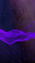 Abstract ultraviolet landscape on a dark background. Purple cyberspace grid. hi tech network. Outer space. Violet starry outer space texture. Vertical image orientation. 3D illustration