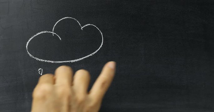 Drawing cloud with rain and umbrella on chalkboard