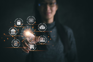 Digital marketing. Businesswoman touching global circle interface payment online shopping and icon customer network connection on virtual screen. Data exchanges. Business innovation technology concept