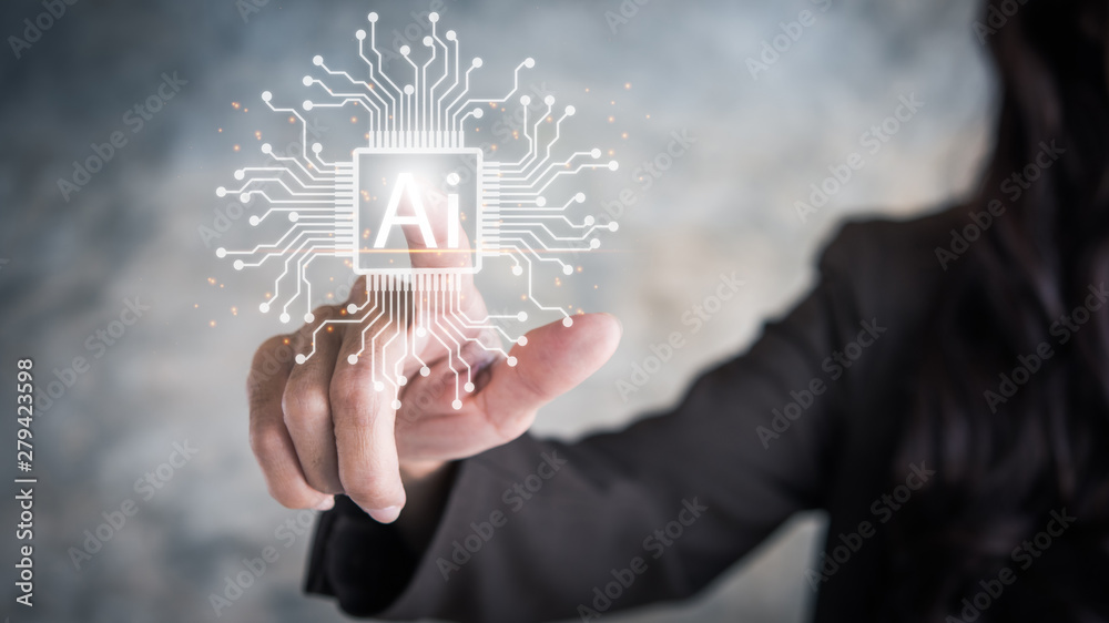 Aufkleber Future technology touch screen interface. Hand businesswoman touching on screen interface AI (Artificial Intelligence) concept.