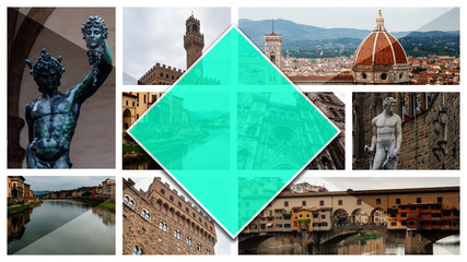 Collage photos of Florence, Italy, in 16: 9 format. UNESCO heritage and seat of the Italian Renaissance, rich in famous monuments and works of art. Views of the city.