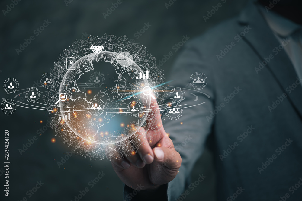 Aufkleber businessman touching icon searching for. Global network connection. Big data analytics and business intelligence concept. World map point and line composition concept of global business.