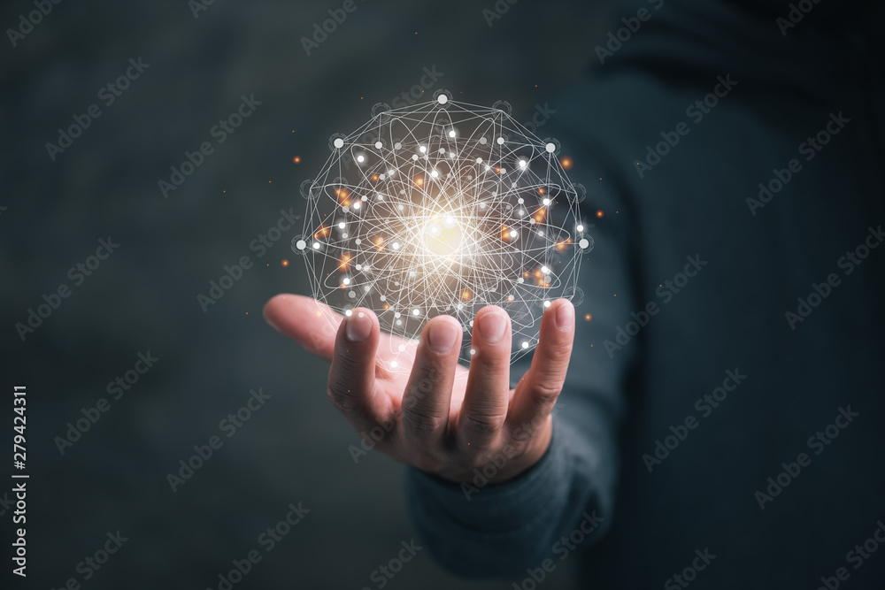 Aufkleber man holding circle global network connection and data exchanges worldwide on work place background, business network communication and technology concept
