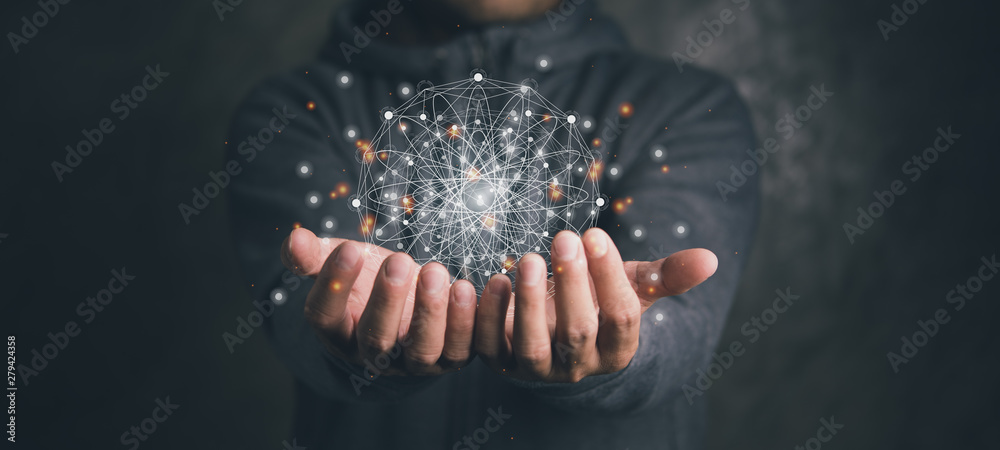 Poster man holding circle global network connection and data exchanges worldwide on work place background, business network communication and technology concept