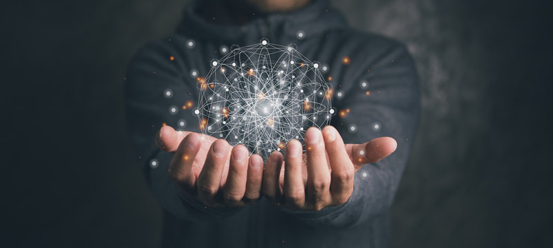 man holding circle global network connection and data exchanges worldwide on work place background, business network communication and technology concept