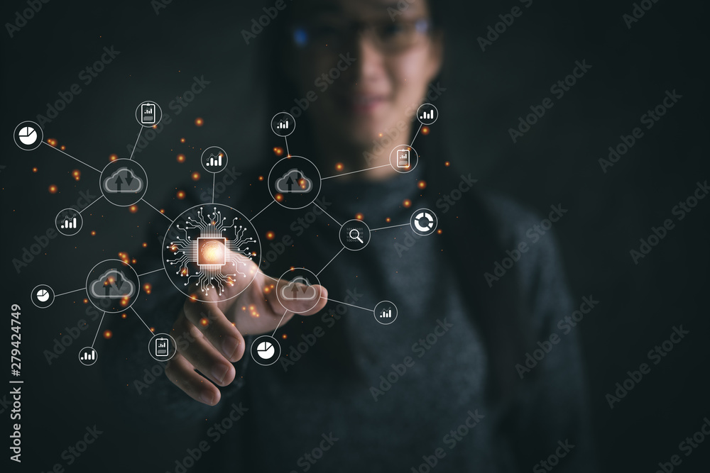 Aufkleber Big data analytics and business intelligence concept with chart and graph icons on a digital screen interface and a businesswoman in background