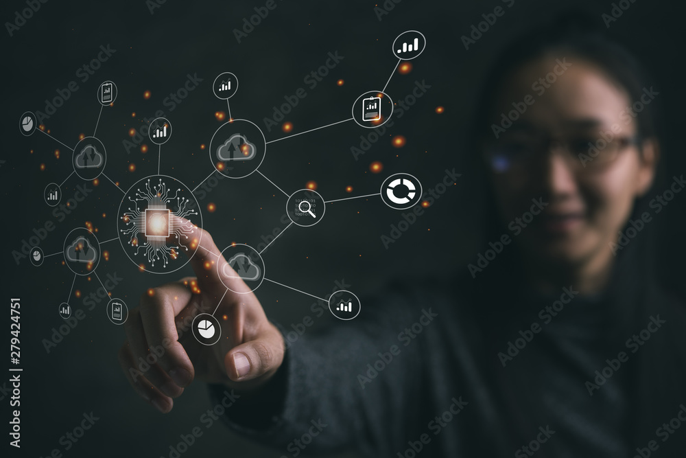 Poster Big data analytics and business intelligence concept with chart and graph icons on a digital screen interface and a businesswoman in background