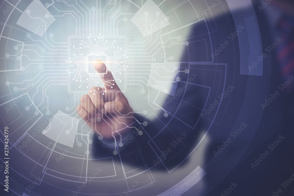 Aufkleber Fingerprint scan provides security access with biometrics identification. Business Technology Safety Internet Concept