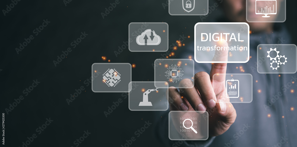 Aufkleber Digital transformation technology strategy, digitization and digitalization of business processes and data, optimize and automate operations, customer service management, internet and cloud computing