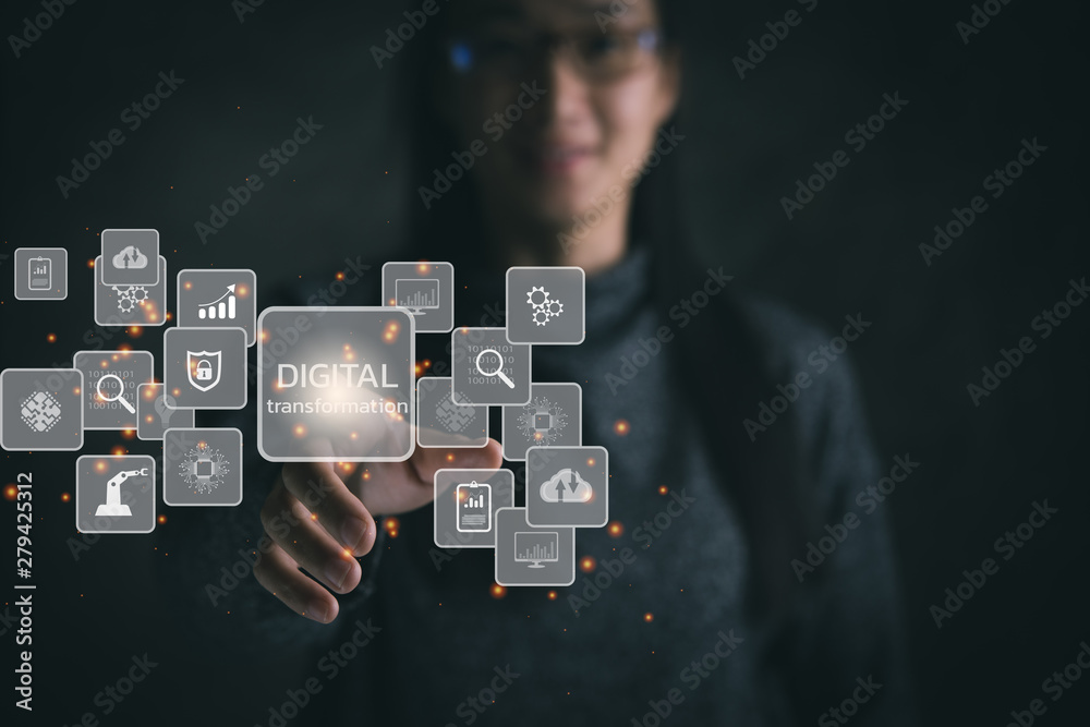 Fototapete Digital transformation technology strategy, digitization and digitalization of business processes and data, optimize and automate operations, customer service management, internet and cloud computing
