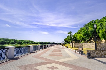 Beautiful paved walkway along Sozh river in Gomel, Belarus