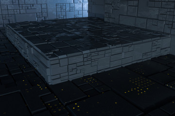 Obraz premium Dark ruins with circuit texture wall, sci-fi architecture background, 3d rendering.