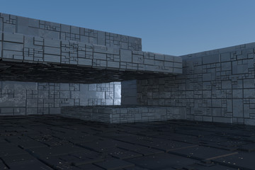 Dark ruins with circuit texture wall, sci-fi architecture background, 3d rendering.