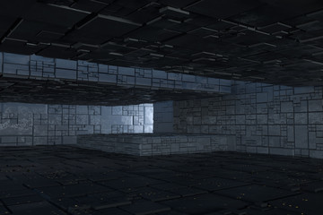 Dark ruins with circuit texture wall, sci-fi architecture background, 3d rendering.