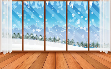 landscape of snow mountain at the glass windows