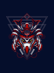 head robot mecha head samurai logo illustration with sacred geometry pattern as teh background