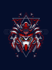 head robot mecha head samurai logo illustration with sacred geometry pattern as teh background