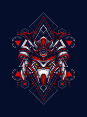 head robot mecha head samurai logo illustration with sacred geometry pattern as teh background