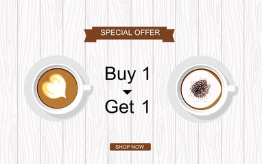 Coffee poster advertisement flyer vector illustration. Coffee Buy 1 get 1 free.