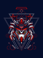 head robot mecha head samurai logo illustration with sacred geometry pattern as teh background