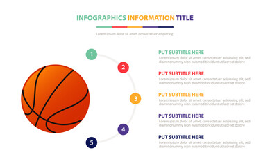 basketball infographic template concept with five points list and various color with clean modern white background - vector