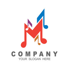 Letter m logo with melody design illustration, music icon, studio logo template