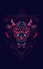 devil head logo illustration with sacred geometry pattern as the background