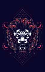 wild lion head logo illustration with sacred geometry pattern as the background