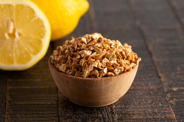 Dehydrated Lemon Peel on a Wooden Table