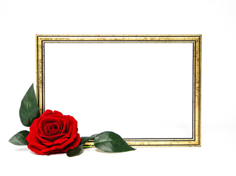 a golden wooden frame and a single red rose