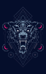 wild head wolf logo illustration with sacred geometry pattern as the background