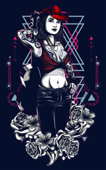 tattoo women logo illustration with flower and sacred geometry pattern as the background