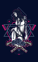 sexy tattoo women with flower and sacred geometry pattern as the background