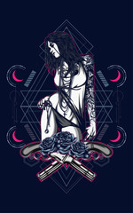 sexy tattoo women with flower and sacred geometry pattern as the background