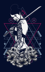 sexy tattoo women with flower and sacred geometry pattern as the background