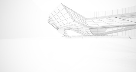 Drawing abstract architectural white interior of a minimalist house with large windows. 3D illustration and rendering.
