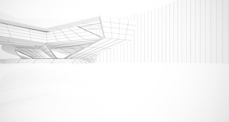 Drawing abstract architectural white interior of a minimalist house with large windows. 3D illustration and rendering.