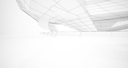 Drawing abstract architectural white interior of a minimalist house with large windows. 3D illustration and rendering.
