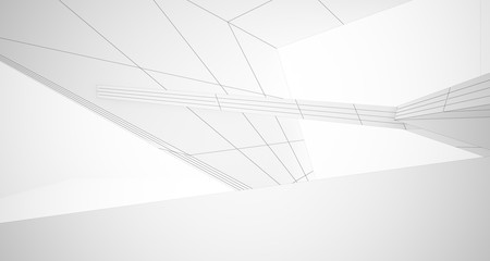 Fototapeta premium Drawing abstract architectural white interior of a minimalist house with large windows. 3D illustration and rendering.