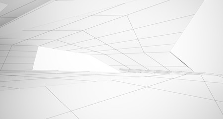 Drawing abstract architectural white interior of a minimalist house with large windows. 3D illustration and rendering.