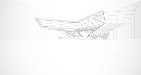 Drawing abstract architectural white interior of a minimalist house with large windows. 3D illustration and rendering.