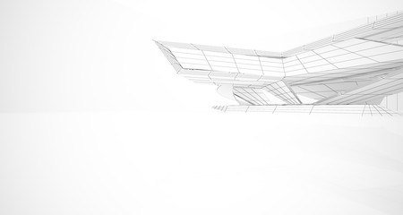 Drawing abstract architectural white interior of a minimalist house with large windows. 3D illustration and rendering.