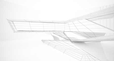 Drawing abstract architectural white interior of a minimalist house with large windows. 3D illustration and rendering.